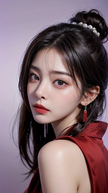 (8K, Highest quality, High resolution, masterpiece :1.3, RAW Photos), ((Accurately expresses the fine details of the face and skin texture)), ((Purple Background)), Beautiful adult woman, Long contour, Oiran, Gorgeous red kimono::2, hairpin, Captivating look, Strike a Pose, Earrings,Seduce the viewer、Captivate your viewers、Taunt the viewer、Seductively Seduction、Climax orgasm during cherry blossom viewing、Dripping wet pussy、Dripping wet pussy