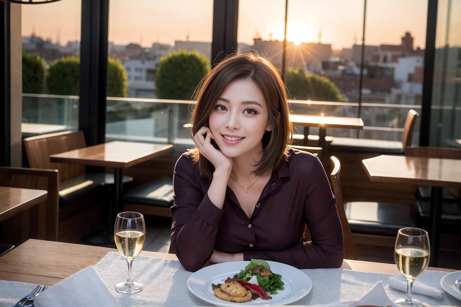 ((Highest quality、8K、masterpiece:1.3))、cute、slimカップル、modelカップル、(Realistic, Intricate details:1.2), full-course dinner、Wine Party、Amazing view of the sunset sky and clouds、A bright smile、The wonderfulness of smile、Bright image、The beauty of wine, Beautiful Face, blue eyes, The light shines on your face, Blushing, short hair,Bright Face、 (Age 37), Age 34, red wine 、Appetizers、Italian food、Wine bottle、Champagne、sparkling wine、Two beauties、Brown Hair、Shortcuts、Long sleeve shirt、dress、Beautiful woman 1, (slimな顔), (The body is slim), (Brown Hair), (Shortcuts), cheeks turn a little red,Attractive beauty、restaurant, In a prominent place (From the waist up) Nova Frog Style, actress, model, Upper Body, White wine, slim, wine glass, 中央に置かれたwine glass, smile, (smile: 1.15), Beautiful fine grain, Depth f/2,saturation, High Contrast, Strong light and shadow,Moist Body:1.5、3D texture、Delicate eyes、Brown Hair、The hair is very shiny、