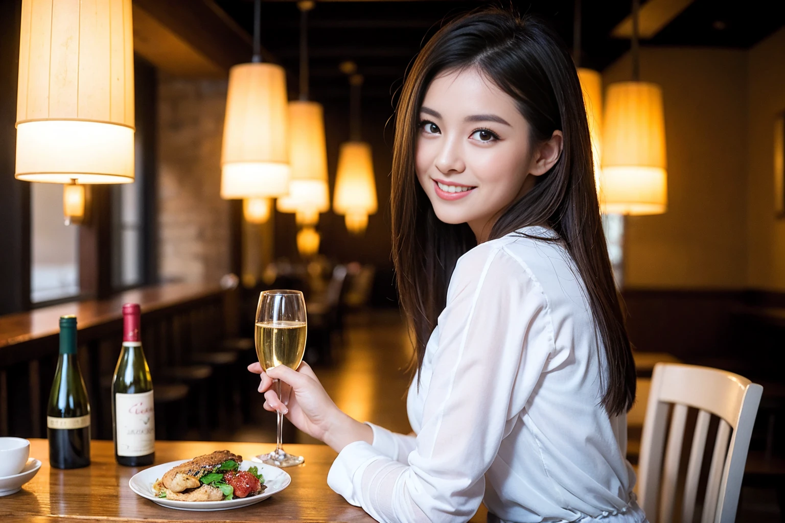 ((Highest quality、8K、masterpiece:1.3))、cute、slimカップル、modelカップル、(Realistic, Intricate details:1.2), full-course dinner、Wine Party、Amazing view of the sunset sky and clouds、A bright smile、The wonderfulness of smile、Bright image、The beauty of wine, Beautiful Face, blue eyes, The light shines on your face, Blushing, short hair,Bright Face、 (Age 37), Age 34, red wine 、Appetizers、Italian food、Wine bottle、Champagne、sparkling wine、Two beauties、Brown Hair、Shortcuts、Long sleeve shirt、dress、Beautiful woman 1, (slimな顔), (The body is slim), (Brown Hair), (Shortcuts), cheeks turn a little red,Attractive beauty、restaurant, In a prominent place (From the waist up) Nova Frog Style, actress, model, Upper Body, White wine, slim, wine glass, 中央に置かれたwine glass, smile, (smile: 1.15), Beautiful fine grain, Depth f/2,saturation, High Contrast, Strong light and shadow,Moist Body:1.5、3D texture、Delicate eyes、Brown Hair、The hair is very shiny、