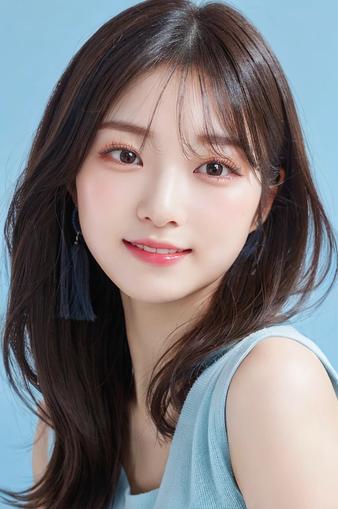((big laugh)), high-level image quality、20 year old Korean girl photo, raw, cute face, ((Portrait)), (dull blue background:1.4), ((Detailed face:1.2)), ((A detailed face Characterized by fine skin), pale skin, , (cold color), moist, moist, reflector stay piece) (perfectly proportions)(photos realistic)(Best Quality) photographed in a Canon EOS R5, 50mm Lens,(8K), very long upper eyelashes、Very long lower eyelashes、Detailed lashes、Curled eyelashes、eyelash perm、Beautiful lashes, Natural eyes、