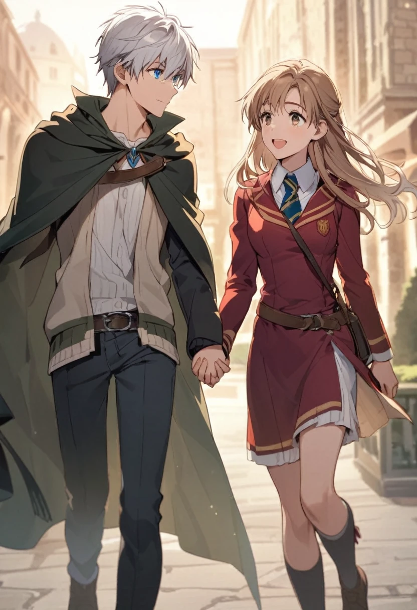 age boy, White hair, blue eyes, and cape. Holding hands with Hermione Granger