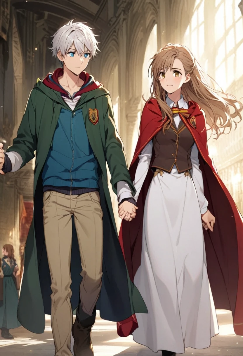 Teenage boy, White hair, blue eyes,  and cape. Holding hands with Hermione Granger