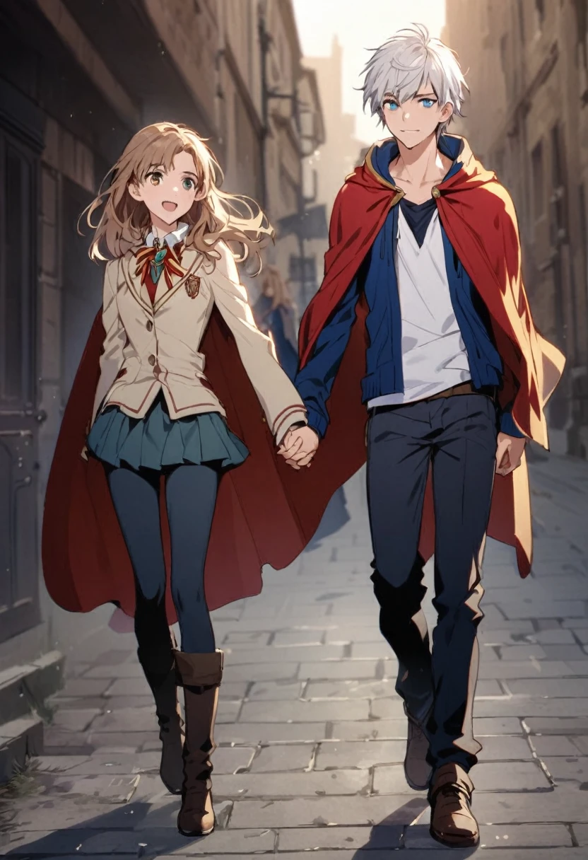 Teenage boy, White hair, blue eyes,  and cape. Holding hands with Hermione Granger