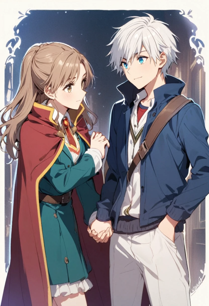  boy, White hair, blue eyes,  and cape. Holding hands with Hermione Granger