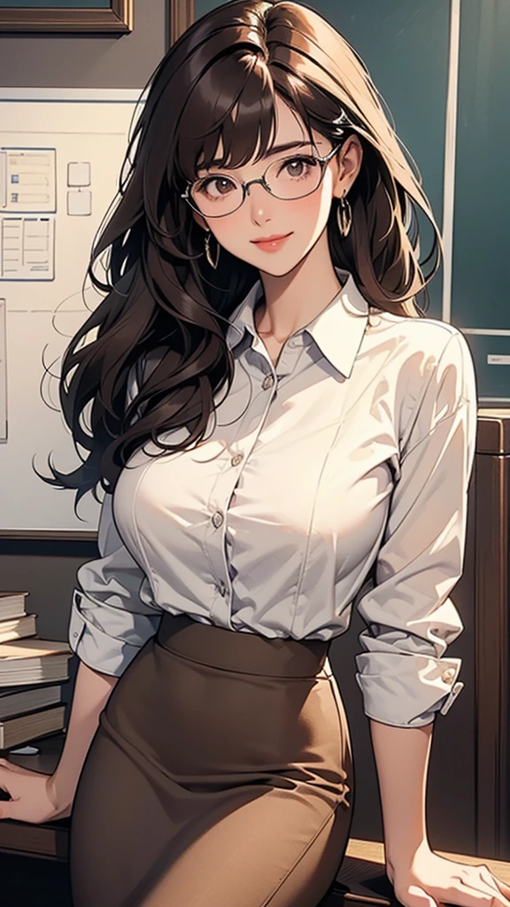 1 sitting woman, (Touch the rim of your glasses with your fingertips), secretary, (office casual) No sleeve, Stylish clothing, (Pencil Skirt), (ID card) strap, (Mature Woman:0.8), /(Dark brown hair/) bangs, A kind smile, (Round Glasses:1.1) Glasses, (Masterpiece Top quality:1.2) Delicate illustrations, super detailed, Large Breasts, (Keep clipboard) break (executive office) indoor, office, Detailed Background