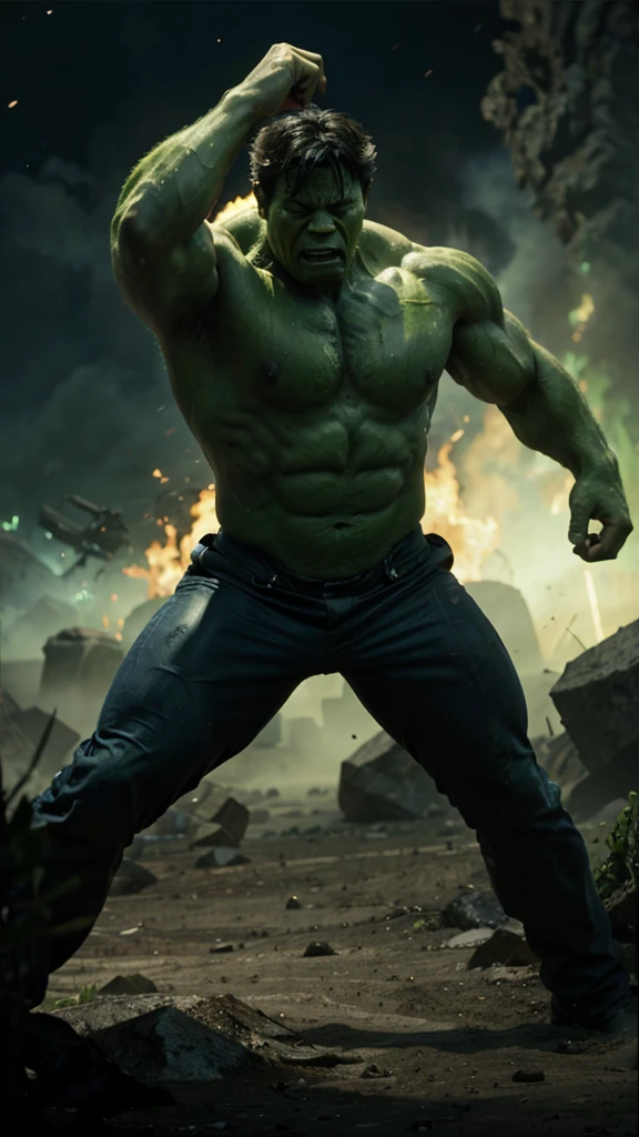 movie character the incredible hulk, in the middle of an environment from another planet.