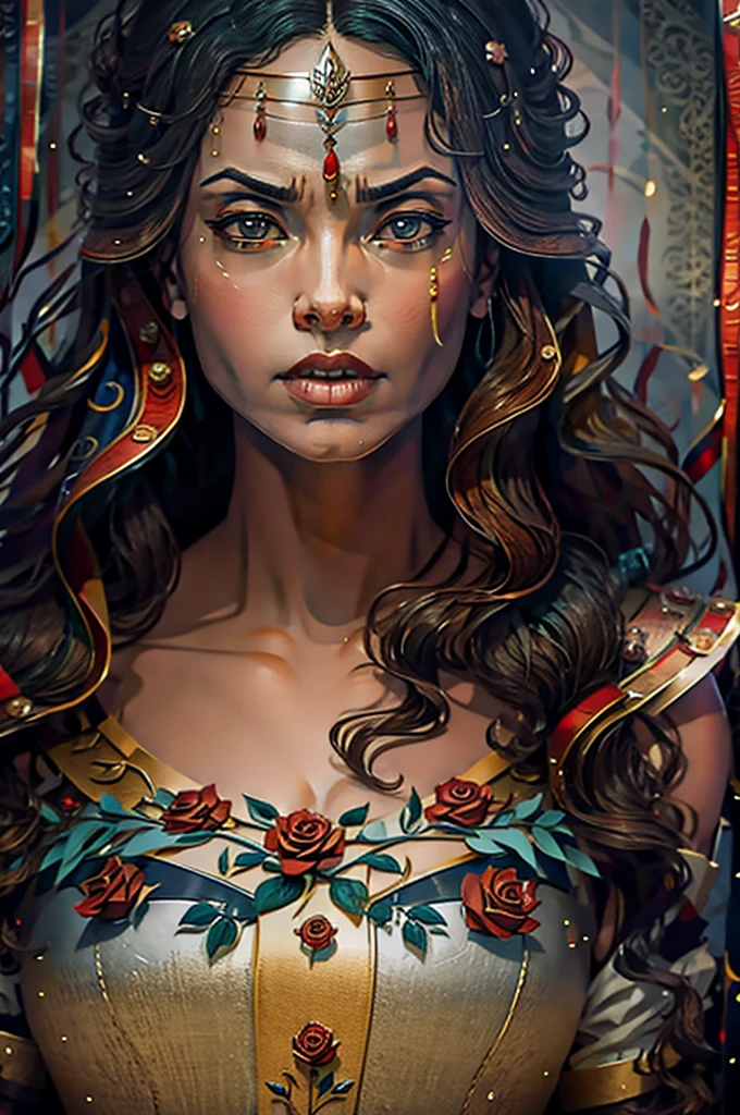 50-year-old woman in the 17 century Female battle scared warrior leader of the order of the scarlet rose, guilty conscious expression, determined facial expression. Black hair. Female.