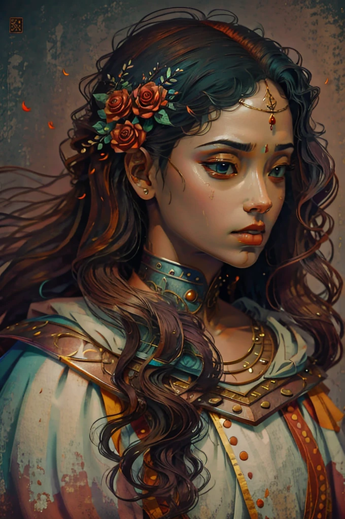 50-year-old woman in the 17 century Female battle scared warrior leader of the order of the scarlet rose, guilty conscious expression, determined facial expression. Black hair. Female.