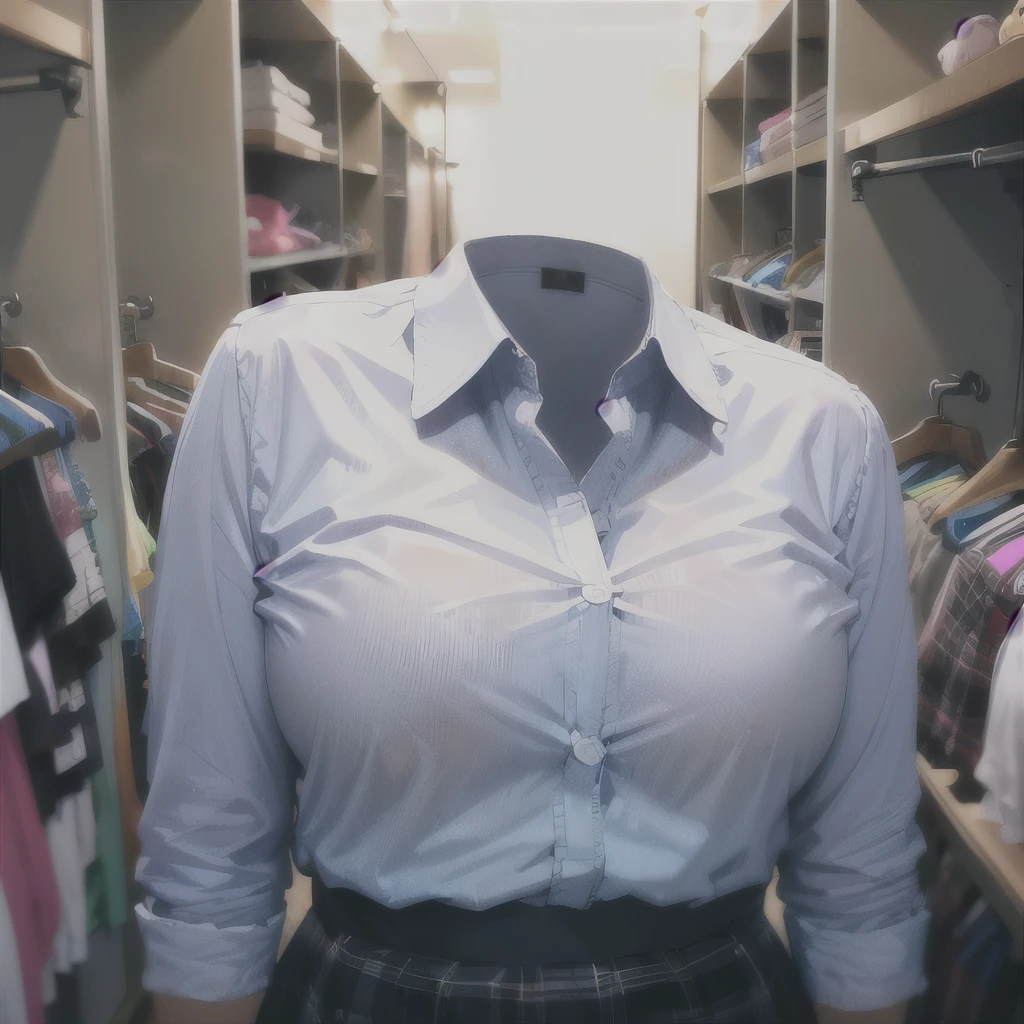 school blouse on hanger, plaid skirt, in closet, on hanger, (invisible, no humans, headless, faceless:1.5), cute big breast, absurdres, highres, ultra detail, Clothing Details, close view