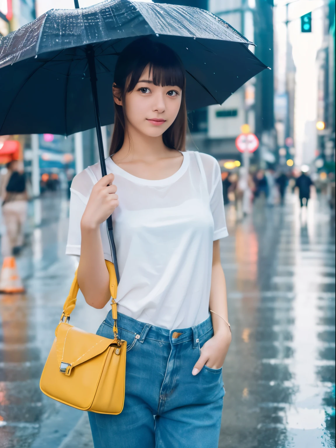 (8k, Top quality, Masterpiece:1.2), (Realistic, photo-realistic:1.37), Super detailed, perfect anatomy, cute, small eye, Fashion-model outfit, 18 years old, Japanese, girl, posing, cityscape, in summer, rainy,