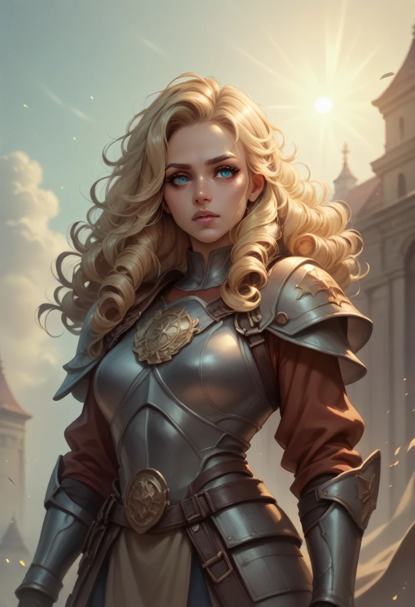 Woman with blonde curly hair, of eyes, Sun God warrior