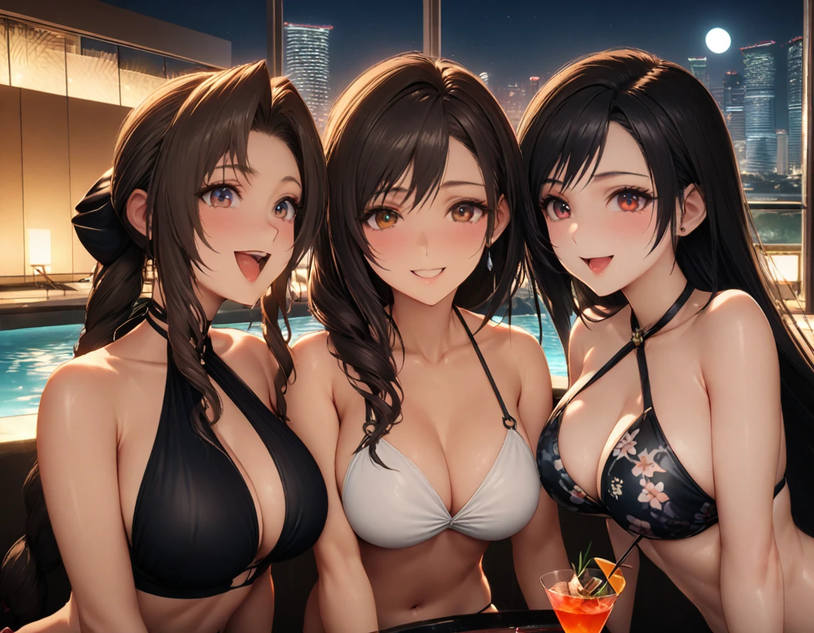 Highest quality, Super quality, 16K, Incredibly absurd, Very detailed, delicate and dynamic, SFW, Natural light, Small particles reflect light, Diffuse reflection of light, Vortex of Light, Lots of starlight, fire works, roof top pool of Marina Bay Sands Singapore, night, moon, 水面にmoonが映る, night景, Create amazing image effects, pool side bar, pool party, Sumptuous cuisine, Upper body close-up, (, cute sexy three girls, Aerith Gainsborough, Yuffie Kisaragi, and Tifa Lockhart, big busts, Sensual expression, peacefulness, Elegant, Charm, lure, Pool party with my girlfriend, , pool side bar, cactail, シンガポールのnight景, black long hair, Chic swimwear, cheers , )