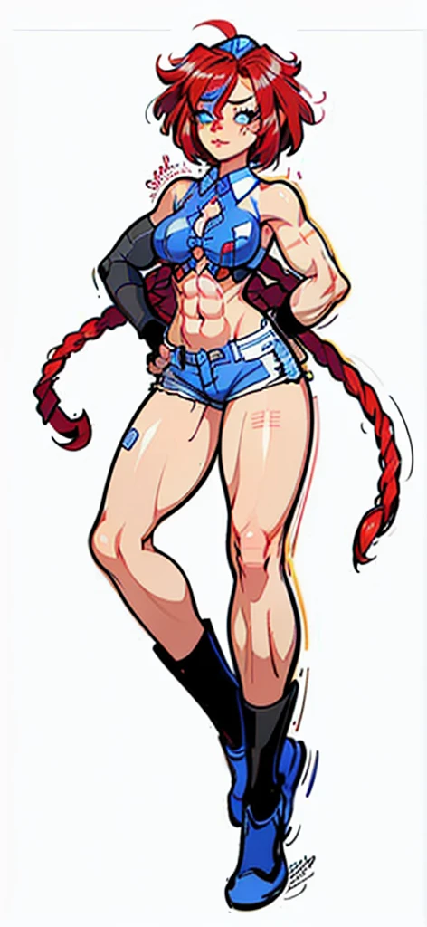 (My Hero Academia Style), (Simple background), ((1girl)), (((High resolution)))), ((solo)), (white backgrounid:1.3), (((A strong and confident girl))), ((((Ragatha)))), (((The Amazing Digital Circus))), (((is wearing boxing gloves black and flexing her biceps))), ((((she wears black sports bra and shorts)))), (((the biceps on her arms are flexed))), ((((Her lips are slightly parted)))), ((((wearing boxing gloves black)))), ((((flexing her biceps)))), (((hands on hips))), ((((perfect anatomy)))), ((((perfect hands)))), ((((perfect face)))), ((((super detailed)))), ((((photo of full body:1.5)))), ((((wide thighs)))), ((((toned thighs)))), ((((wide hips)))), ((((toned hips)))), ((((toned calves)))), ((((Marked muscles)))), ((((toned body)))), ((((Abs)))), ((((marked abdomen)))), ((((exposed abdomen)))), ((((Bare legs)))), ((((ragdoll skin)))), ((((ragdoll seams)))), ((((ragdoll body)))), ((((redhead curls))), (((curls))), (((redhead))), (((blue button right patch))), (((right button patch))), (((blue right patch))), ((((blue button patch))), (((patch))), ((blue button)), (((sexy posture))), (((medium breasts))), (((broad shoulders))), (((Amazon body))),
