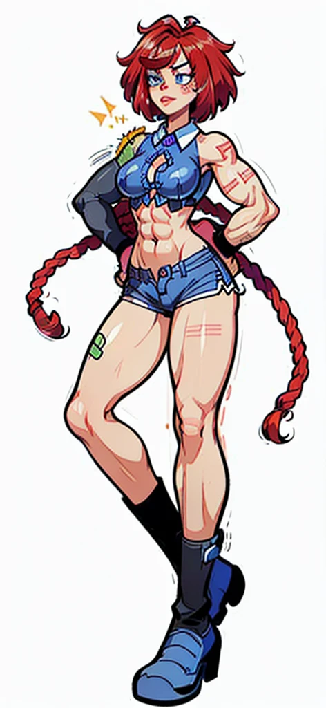 (My Hero Academia Style), (Simple background), ((1girl)), (((High resolution)))), ((solo)), (white backgrounid:1.3), (((A strong and confident girl))), ((((Ragatha)))), (((The Amazing Digital Circus))), (((is wearing boxing gloves black and flexing her biceps))), ((((she wears black sports bra and shorts)))), (((the biceps on her arms are flexed))), ((((Her lips are slightly parted)))), ((((wearing boxing gloves black)))), ((((flexing her biceps)))), (((hands on hips))), ((((perfect anatomy)))), ((((perfect hands)))), ((((perfect face)))), ((((super detailed)))), ((((photo of full body:1.5)))), ((((wide thighs)))), ((((toned thighs)))), ((((wide hips)))), ((((toned hips)))), ((((toned calves)))), ((((Marked muscles)))), ((((toned body)))), ((((Abs)))), ((((marked abdomen)))), ((((exposed abdomen)))), ((((Bare legs)))), ((((ragdoll skin)))), ((((ragdoll seams)))), ((((ragdoll body)))), ((((redhead curls))), (((curls))), (((redhead))), (((blue button right patch))), (((right button patch))), (((blue right patch))), ((((blue button patch))), (((patch))), ((blue button)), (((sexy posture))), (((medium breasts))), (((broad shoulders))), (((Amazon body))),