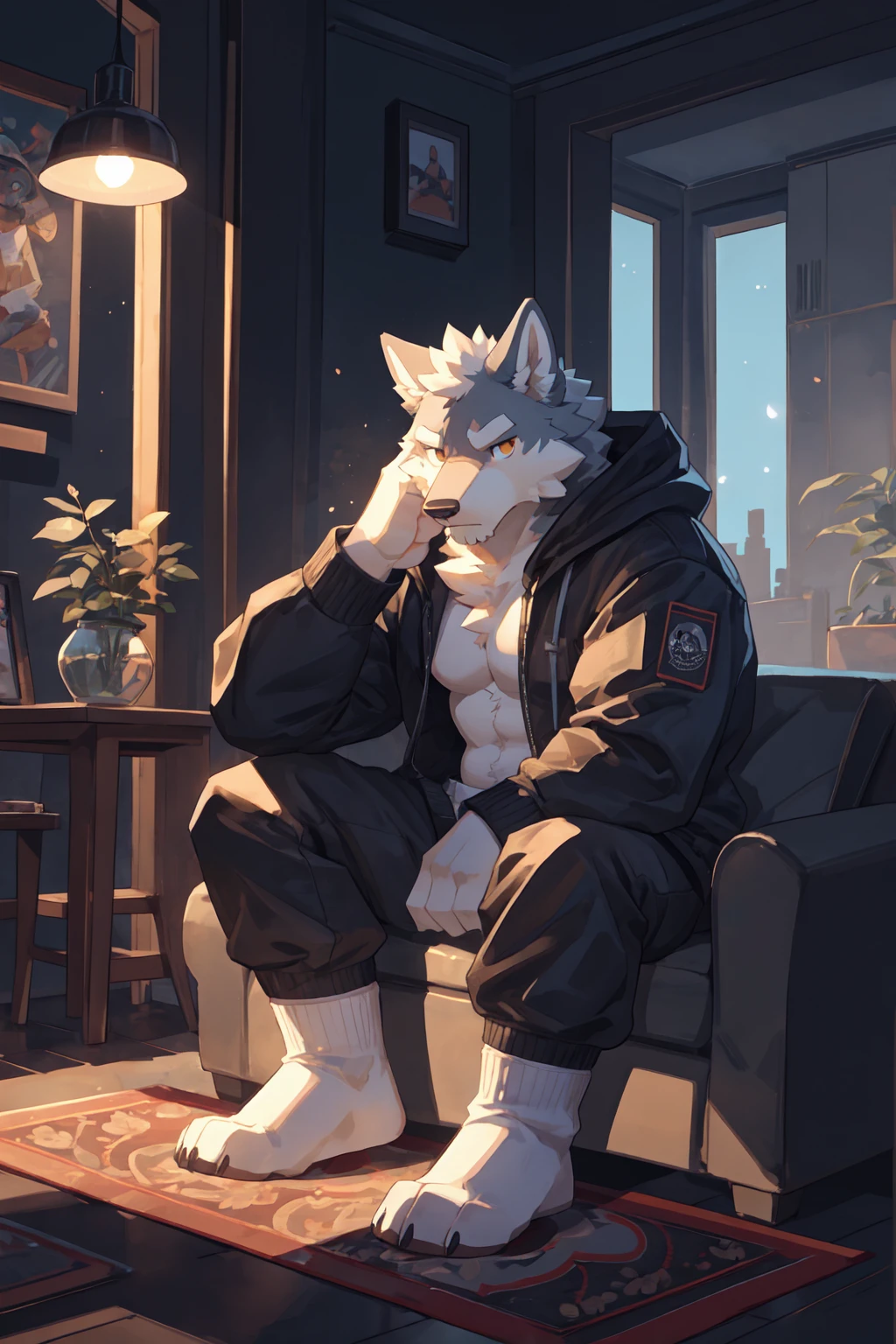 Best quality, Professional, Vivid Colors, full body, wolf, Muscular male, kemono, by bigcozyorca, Solo, grey Fur, white body, golden eyes, pectorals, (detailed face, detailed eyes:1.5), beard, open hoodie, cargo pants, white socks, sitting alone, sofa, indoor, head down, frown, night, dark moonlight, Ray tracing, detailed shadow, Tyndall effect, Fur carpet,
