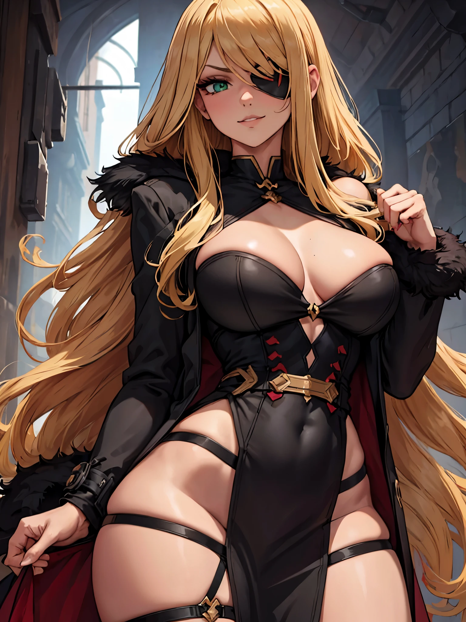 ((masterpiece)), ((best quality)), 1girl, adult, long hair, ((blonde hair)), very long blonde hair, ((intimidant look)), ((close-up)), profile image, green eyes, black and red clothes, sexy, dark colors, brillant eyes, ((coat with fur)), ((wavy hair)), exposed skin, ((sexy pose)), ((intimidant look)), good anatomy, ((dark sage clothes)), ((straight cut bangs)), emotionless, intimidant, ((beautiful eyes)), close up, ((detailed eyes)), beautiful eyes, ((detailed face)), hair bang, frontal look, evil, relaxed, smile, magical goddess othinus, detailed face, eyepatch, full body, ((detailed))