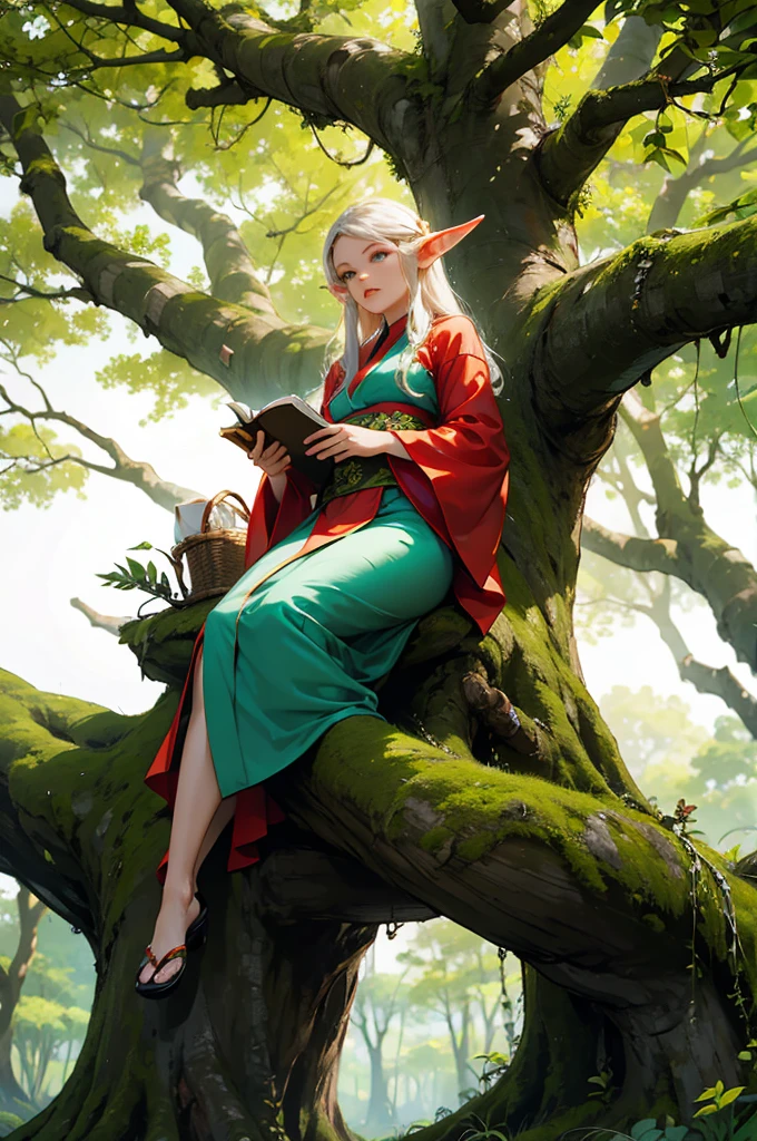 An elf wearing a kimono is reading a book while sitting on a large tree stump in a lush forest.