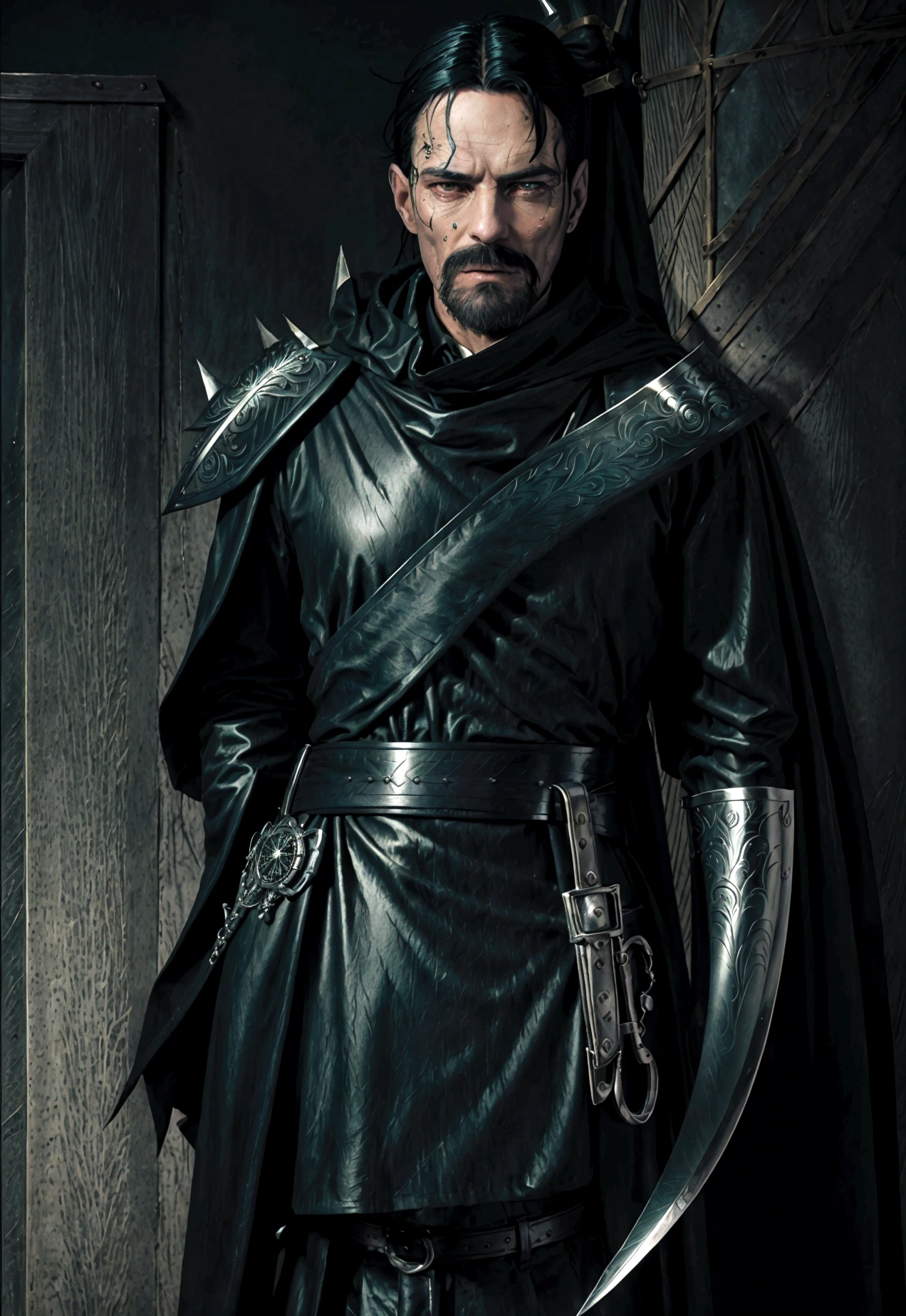 Full-length,Tarot card style, magical theme, male figure, 26 years old, green eyes, black hair, black and silver clothing, windswept cape, tall black boots, heavy short blade hanging from belt, silver gloves with scales, silver rose clasp at throat, text "Korvin" at bottom, detailed face, moody portrait lighting, fantasy atmosphere, aged paper texture, metallic ink accents,