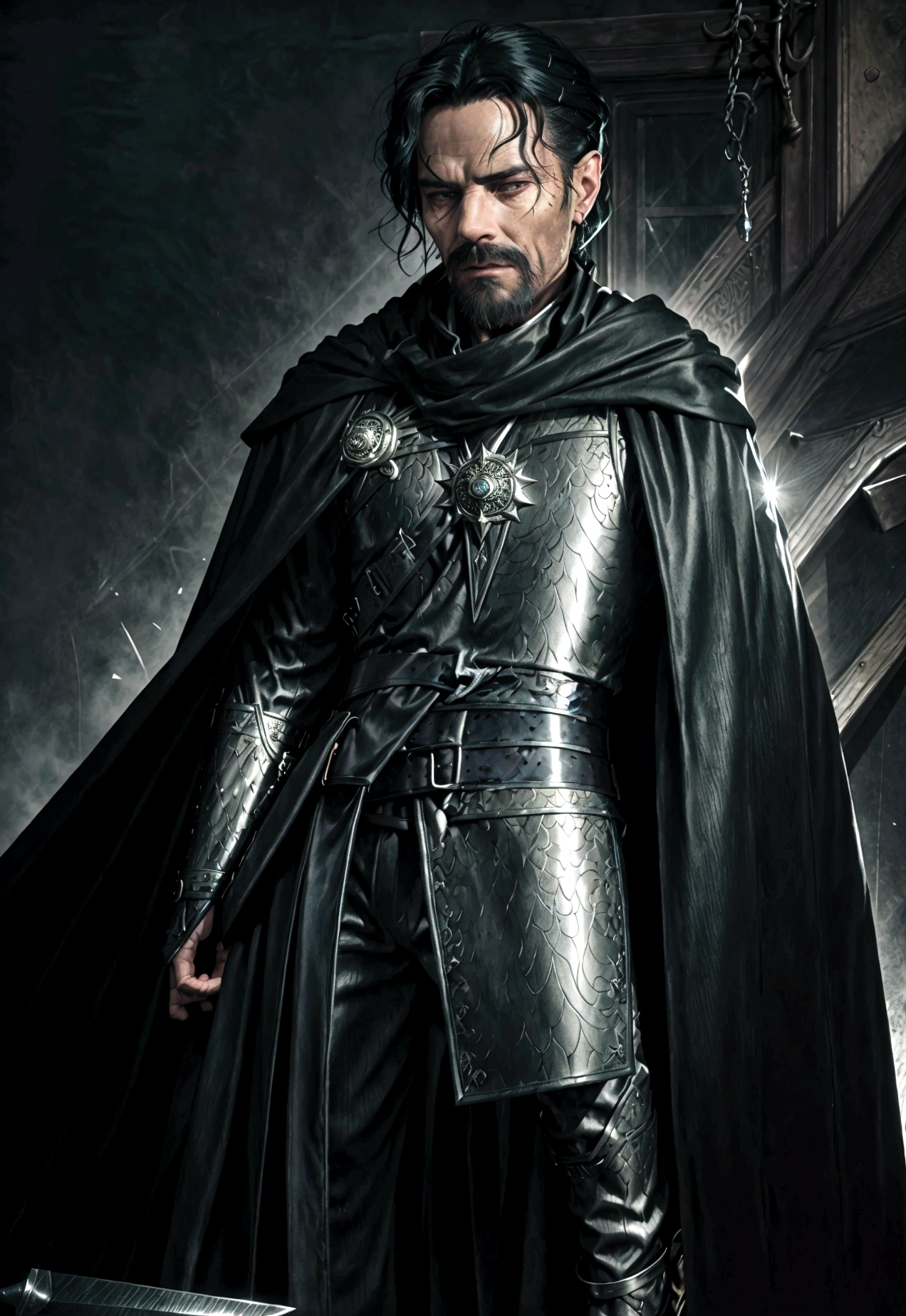 Full-length,Tarot card style, magical theme, male figure, 26 years old, green eyes, black hair, black and silver clothing, windswept cape, tall black boots, heavy short blade hanging from belt, silver gloves with scales, silver rose clasp at throat, text "Korvin" at bottom, detailed face, moody portrait lighting, fantasy atmosphere, aged paper texture, metallic ink accents,