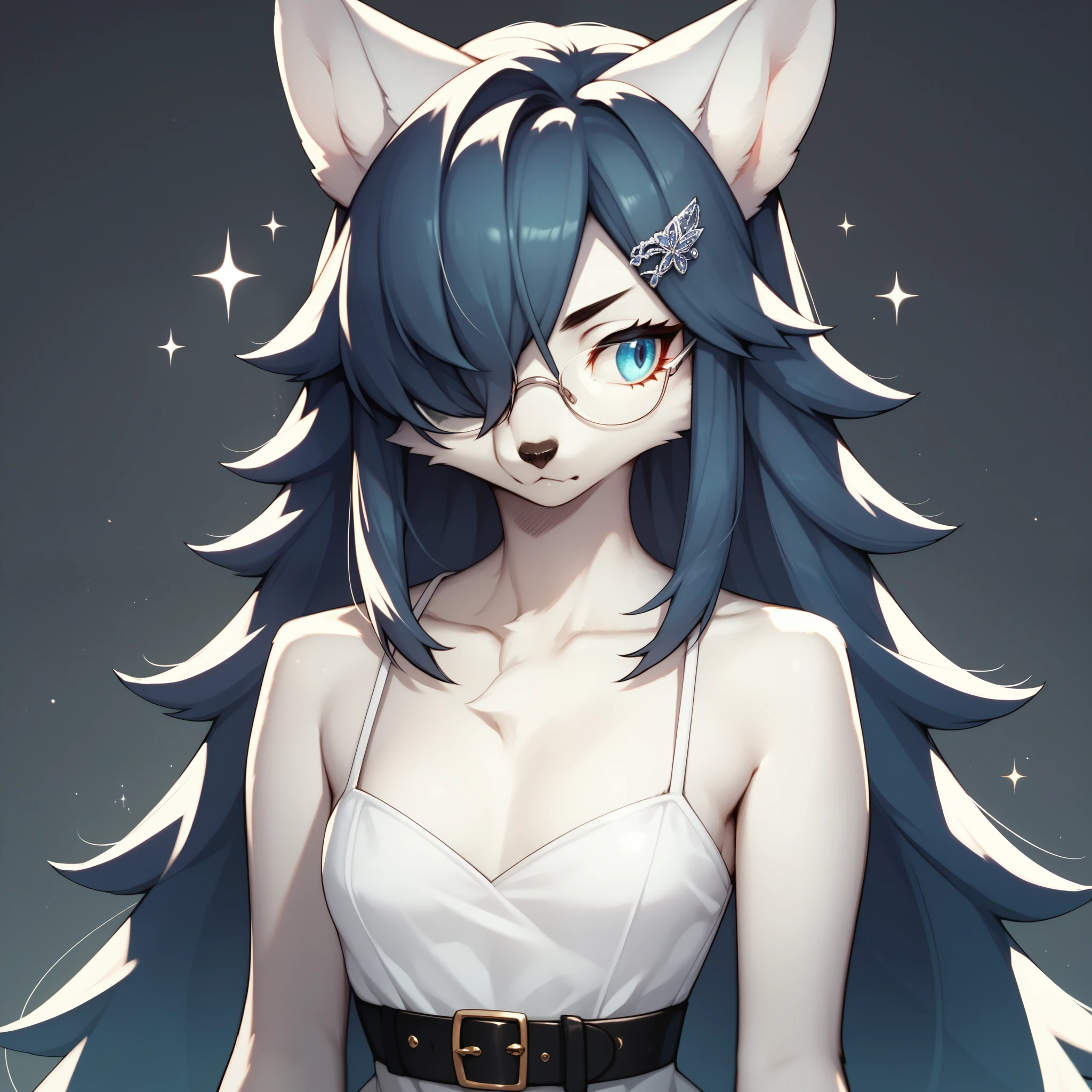 score_9,score_8_up,score_7_up, sierra, kemono style, a young nerdy Anthro furry wolf woman, white furry body, long elegant and straight hair, (hair parted in the middle):2, elegant glasses, hair clip, wearing elegant blue sundress, black belt, hands to her side, sparkles around her, she is shy, looking away, pouting, pov, pov viewer is giving her a thumbs up