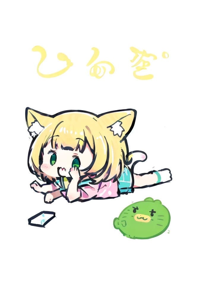 Cartoon cat lying on a pillow with a green object, dlc, by EiQ, Pixiv 3DCG, cute!! Little!!! Cat girl, Anime Cat, anime Cat girl, Doodle, nekomimi, pixiv style, Written by Chi Dahe, cute anime Cat girl, Japanese anime style, Anime Styleに, Anime Style