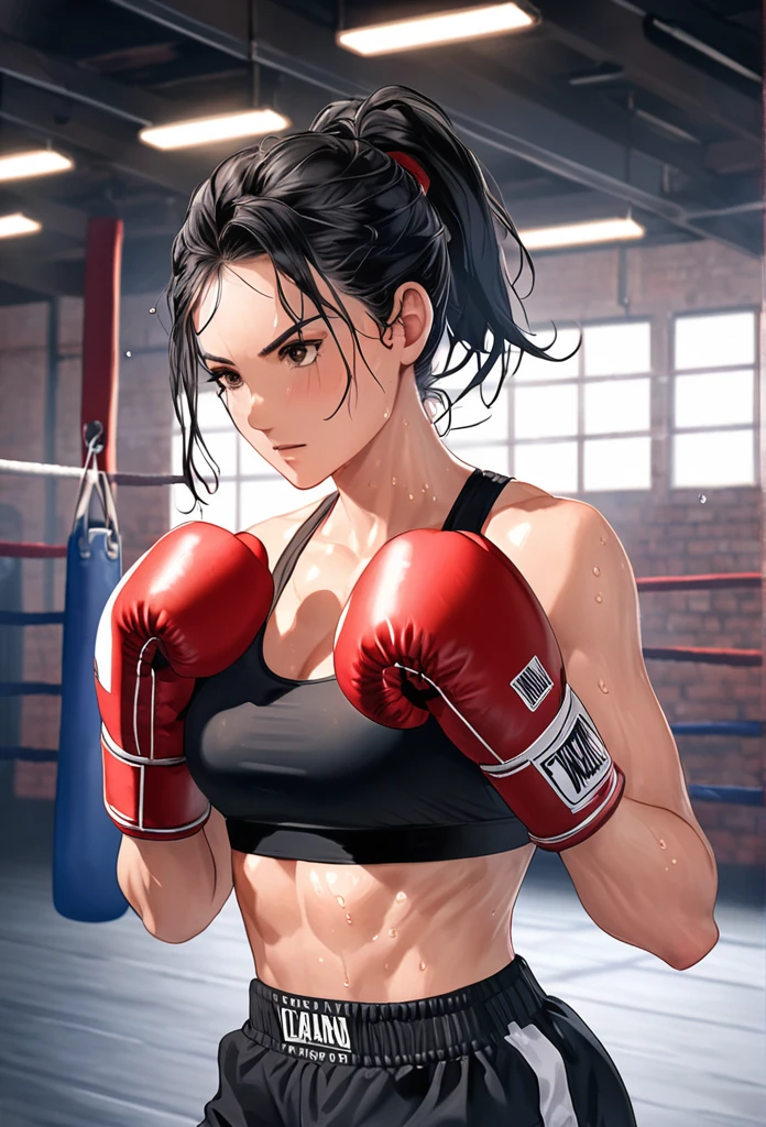 Woman boxer, handsome face, toned, sports bra, long black pants, long black hair, boxing gloves, sweating