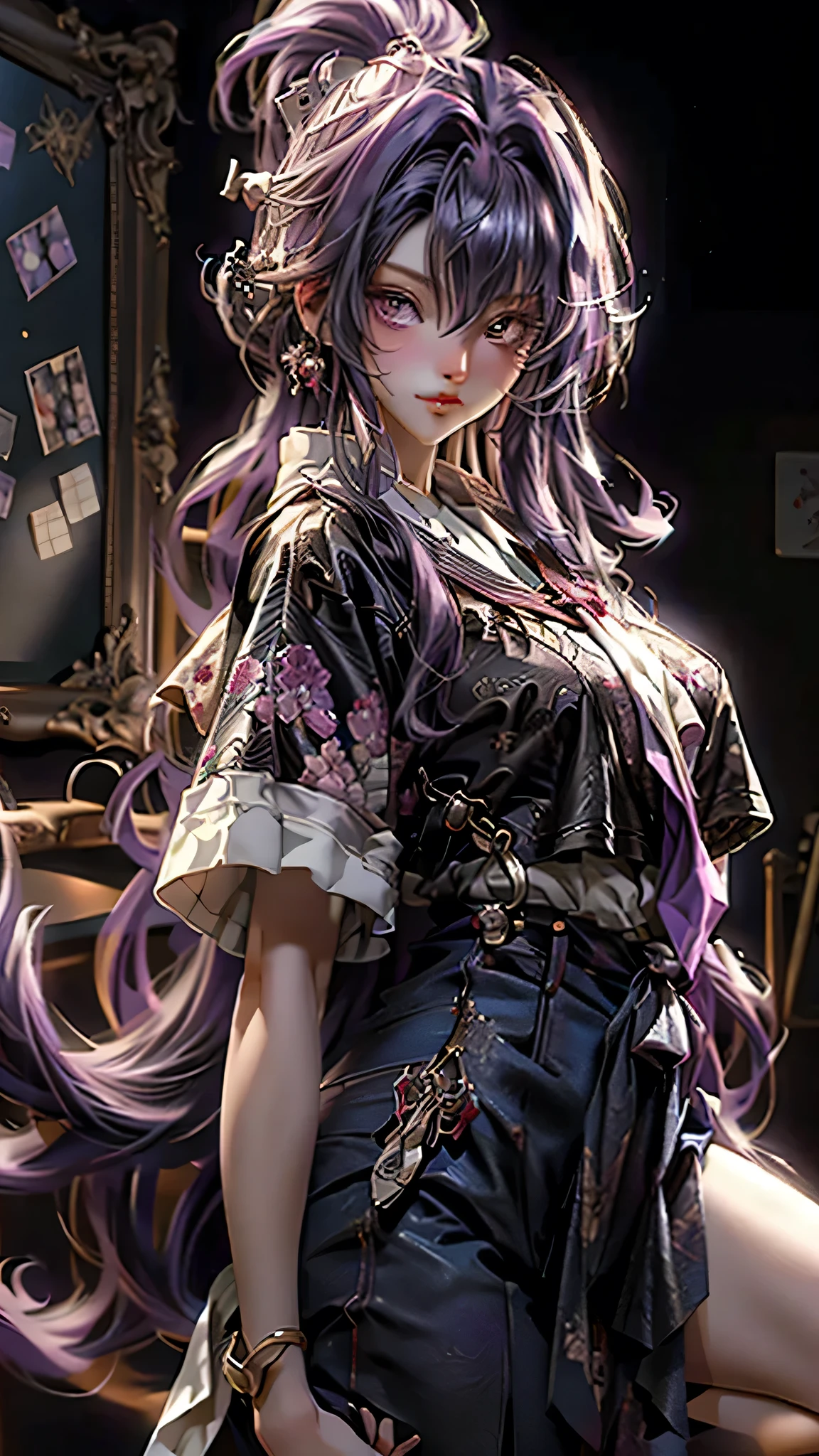 An eighteen-year-old young woman with long purple hair in a sailor suit sits in a classroom (school 1.5 in the background) (expression serious, cold 1.5) (best quality: 1.1) (masterpiece: 1.3) with an unparalleled masterpiece, surreal 8K, perfect artwork, super detail, best quality, masterpiece 4K wallpaper aesthetics, masterpiece, award-winning artwork, official art, cinematic lighting