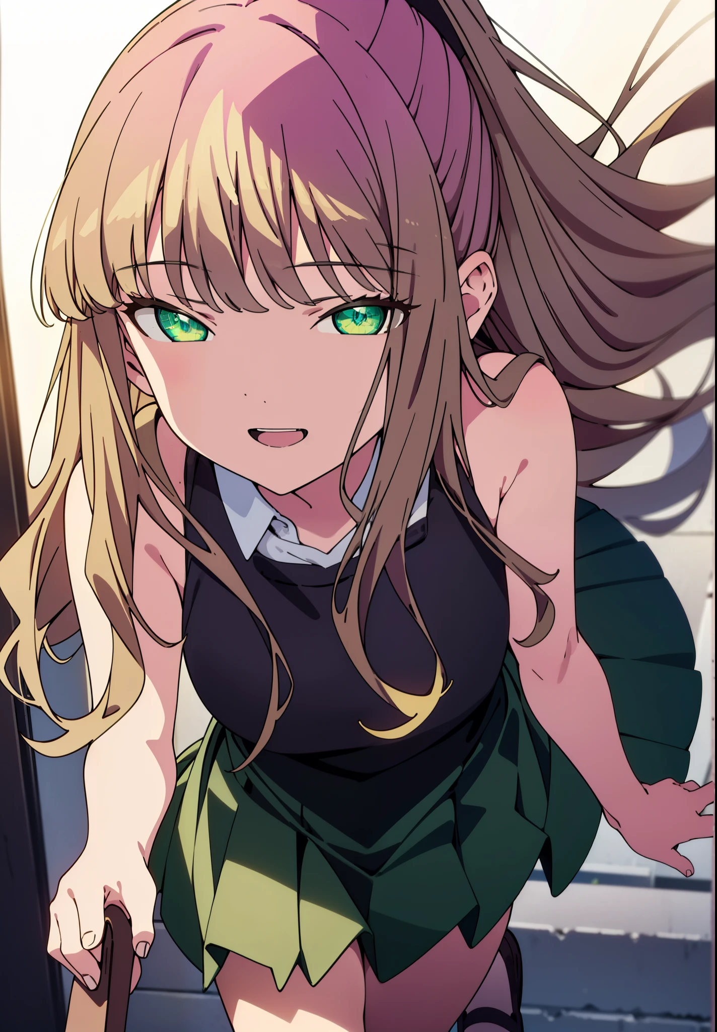 minami yume ,sss Dynazenon ,Long Hair, Brown Hair, (Green Eyes:1.5) ,Center of chest,hair band,ponytail,happy smile, smile, Open your mouth, Blue sleeveless dress,Long skirt,Cute heeled sandals,whole bodyがイラストに入るように,Daytime,Clear skies,Walking,
break looking at viewer, whole body,(Cowboy Shot:1. 5)
break outdoors, Building district,
break (masterpiece:1.2), Highest quality, High resolution, unity 8k wallpaper, (shape:0.8), (Beautiful and beautiful eyes:1.6), Highly detailed face, Perfect lighting, Highly detailed CG, (Perfect hands, Perfect ???????),