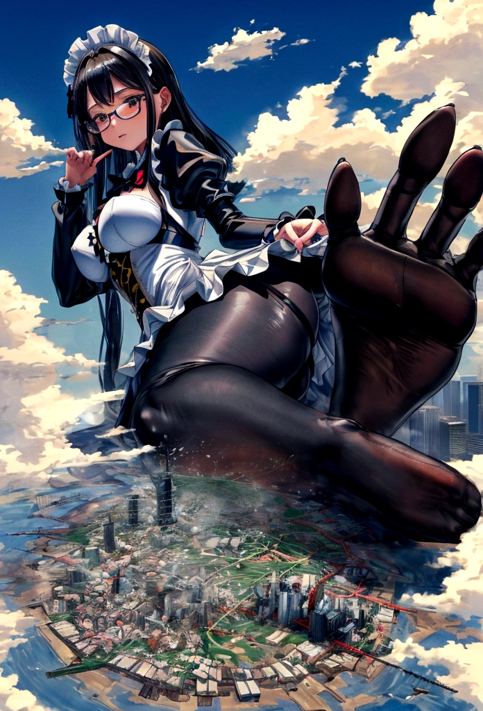 artistically gigantic, 非常に詳細なgiantショット, giant, long hair, black pantyhose, A maid that is much bigger than a skyscraper, Wear rimless glasses, giant breasts, big butt, navy maid uniform, black pantyhose, black shoes, very small metropolis, miniature metropolis, full body description, GTS, giga gigantes, city stomping, shock city, little city, microcity, maid, a map of a city,
