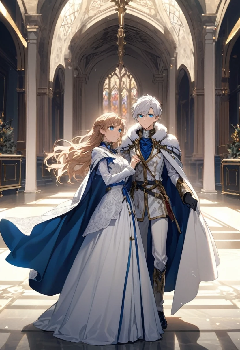 age boy, White hair, blue eyes, and cape cold appearance and nobility. Holding hands with Hermione Granger in a bright room.