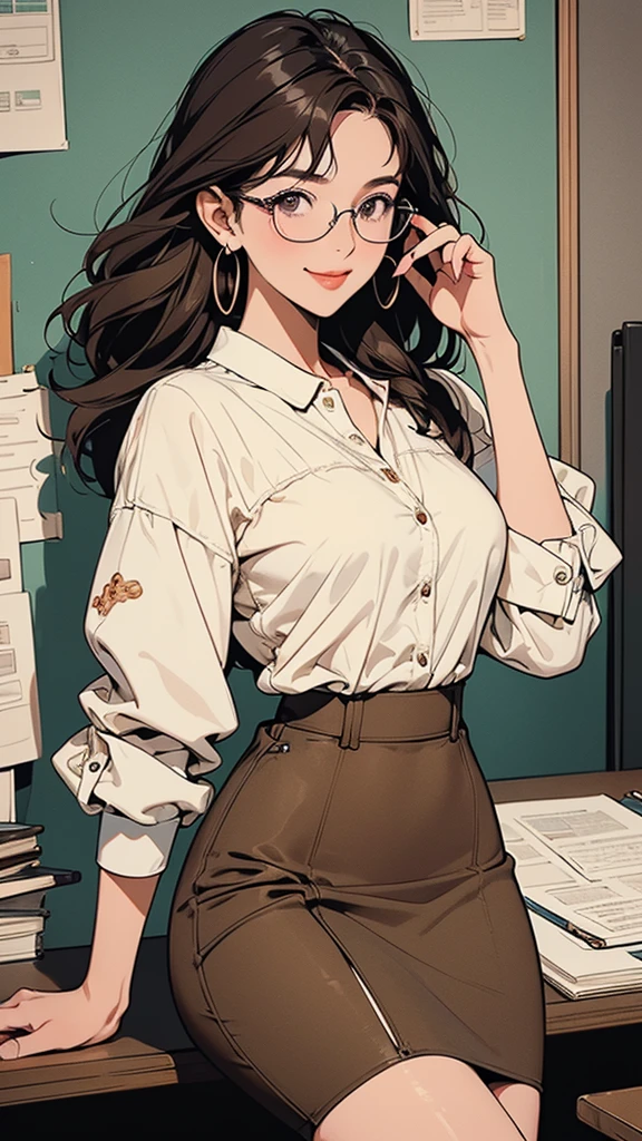 1 sitting woman, (Touch the rim of your glasses with your fingertips), secretary, (office casual) No sleeve, Stylish clothing, (Pencil Skirt), (ID card) strap, (Mature Woman:0.8), /(Dark brown hair/) bangs, A kind smile, (Round Glasses:1.1) Glasses, (Masterpiece Top quality:1.2) Delicate illustrations, super detailed, (Keep clipboard) break (executive office) indoor, office, Detailed Background
