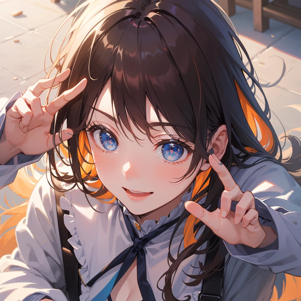 peace sign、(masterpiece), (Highest quality), Ultra-high resolution, Sharp focus, Warm pastel tones, ((1 female, alone)), Upper Body, Dutch Shot, (From above), Beautiful detailed hair, Chestnut Hair, long hair hangs down, Beautifully detailed face, blue eyes, Comfortable face, Perfect feminine face, Looking at the audience, smile, 