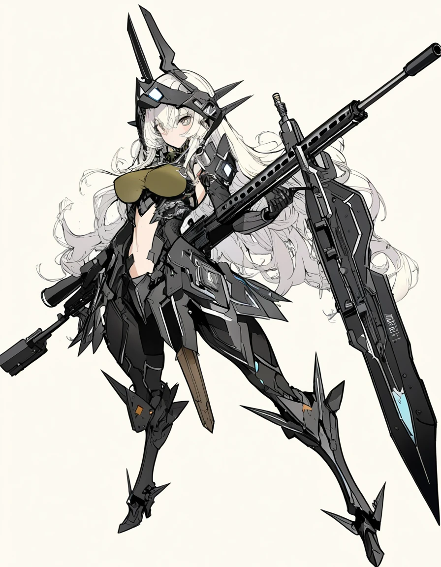 extremely clear 8K wallpaper, extremely delicate and detailed face:1.3, absurdres, masterpiece, by Posuka Demizu,full body, ivory background, a centaur-type android girl, the upper body has a slightly human-like structure with an Odin motif., one of her eyes is equipped with an optical lens for shooting at targets., she holds a massive sniper rifle with an ominous design based on Gungnir's spear., the lower body is based on Sleipnir., it has eight legs with a matte black color and each hoof is made of metal shines dully. ,
