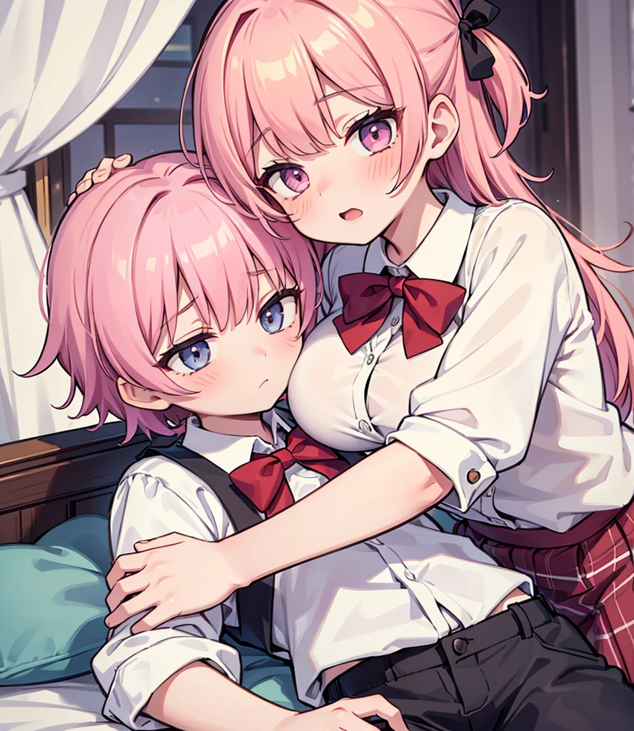 masterpiece, Highest quality, so beautiful, absurdists,High resolution,One girl, One boy,Cuddling in bed, like,sexly,Look at each one, blush,Age difference,bow tie,blondes,chest,Long Hair,Pink Hair,Tucked in shirt,short hair,skirt,Tent shirt,Slut,Big breasted sister and brother,Siblings, trousers,Pushing her big tits against her brother,(My brother&#39;s small erect penis),((((姉のHUGE breasts,Sister crushes her big tits in her brother&#39;s face)))),((((Very large breasts)))),((small penis,NSFW,潰れた Very large breasts)),((Bursting Breasts,Cover part of face with chest))