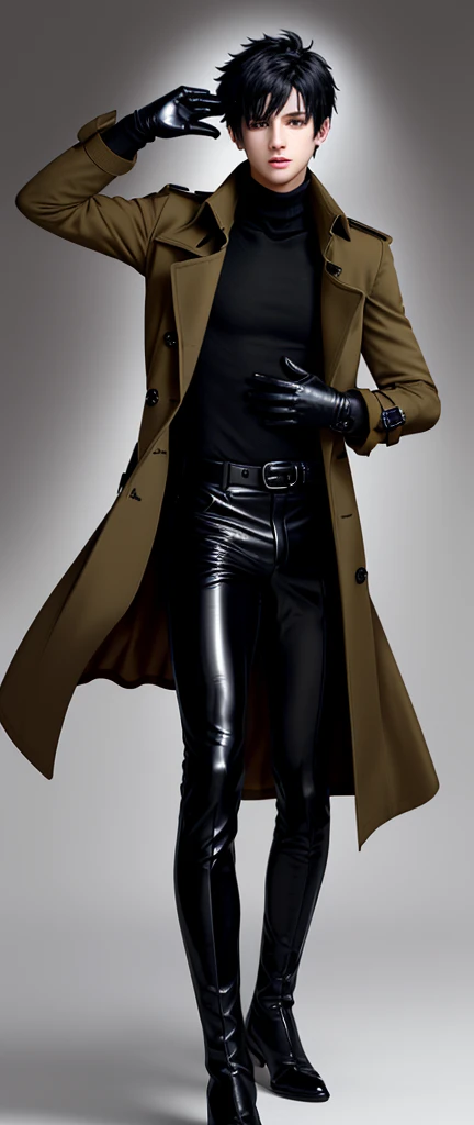 Final fantasy taste and reality graphics, Japanese young cute and cool ikemen boy, his age is early 20s, thin eyebrows and beady eyes, he wearing orange beige color double brest very thick trench coat, with a black color neck fur.,neck fur is black color, must black neck fur,
Must tighten your belt og coat, with epaulet, must close the front of the trench coat,, must trench coat cloth the front, also wearing black very thick turtleneck lackluster shirts, tight black leather pants, shiny black leather tight and must put on a thin leather glove both hands, black leather knee-high raceup boots,must views head-to-toe,must views whole body, boy looks like fashion model,Do not show skin from the neck down,leather jacket leather glove and leather pants have few wrinkles,boy in the room,,Avoid showing your innerwear,must close coats waist belt.