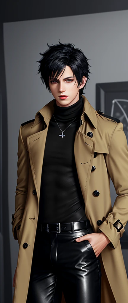 Final fantasy taste and reality graphics, Japanese young cute and cool ikemen boy, his age is early 20s, thin eyebrows and beady eyes, he wearing orange beige color double brest very thick trench coat, with a black color neck fur.,neck fur is black color, must black neck fur,
Must tighten your belt og coat, with epaulet, must close the front of the trench coat,, must trench coat cloth the front, also wearing black very thick turtleneck lackluster shirts, tight black leather pants, shiny black leather tight and must put on a thin leather glove both hands, black leather knee-high raceup boots,must views head-to-toe,must views whole body, boy looks like fashion model,Do not show skin from the neck down,leather jacket leather glove and leather pants have few wrinkles,boy in the room,,Avoid showing your innerwear,must close coats waist belt.