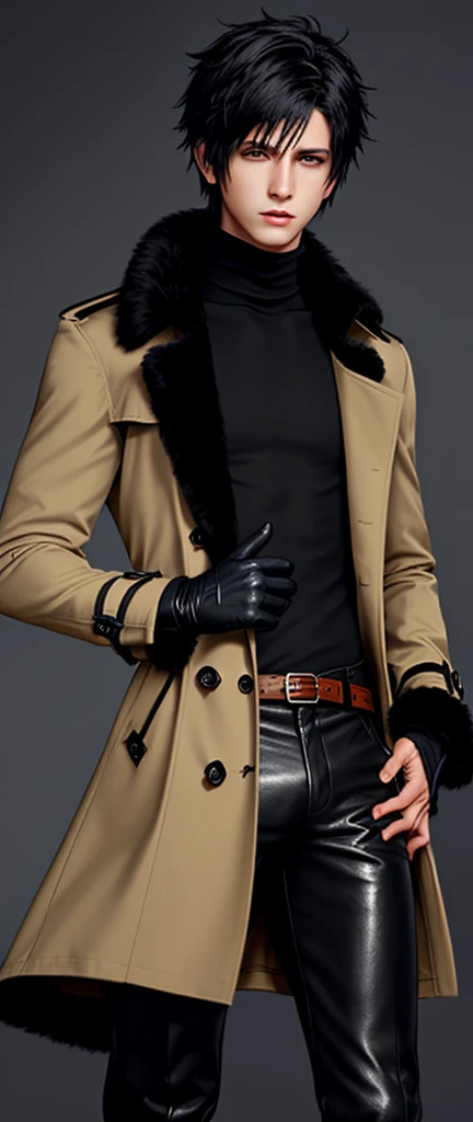 Final fantasy taste and reality graphics, Japanese young cute and cool ikemen boy, his age is early 20s, thin eyebrows and beady eyes, he wearing orange beige color double brest very thick trench coat, with a black color neck fur.,neck fur is black color, must black neck fur,
Must tighten your belt og coat, with epaulet, must close the front of the trench coat,, must trench coat cloth the front, also wearing black very thick turtleneck lackluster shirts, tight black leather pants, shiny black leather tight and must put on a thin leather glove both hands, black leather knee-high raceup boots,must views head-to-toe,must views whole body, boy looks like fashion model,Do not show skin from the neck down,leather jacket leather glove and leather pants have few wrinkles,boy in the room,,Avoid showing your innerwear,must close coats waist belt.