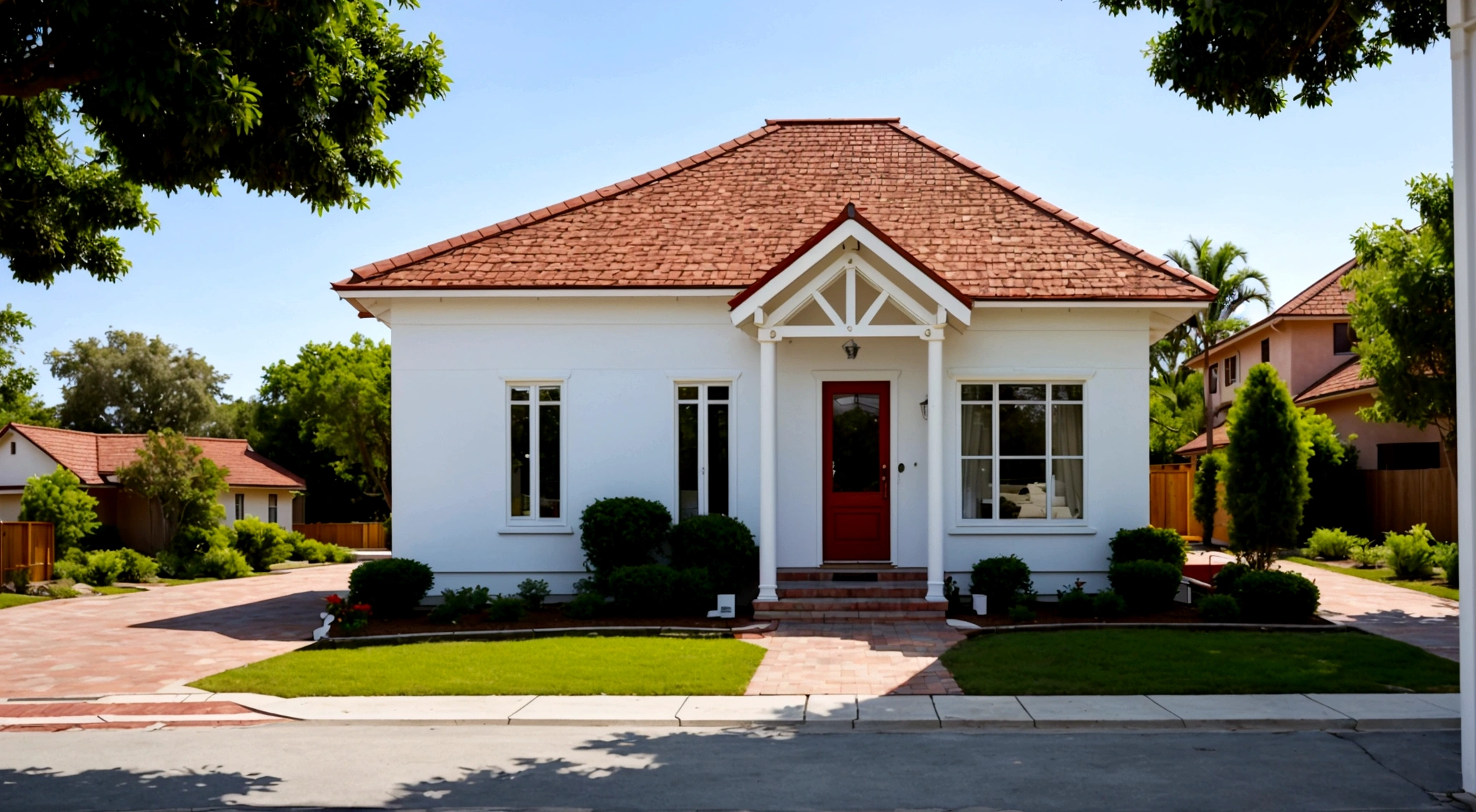 A beautiful single-story house with a traditional design, featuring multiple gabled roofs with red tiles, white walls with beige trim, and large wooden framed windows. The exterior includes well-maintained landscaping with various plants and flowers. The house has a welcoming entrance with wooden doors and elegant columns. A car is parked in the driveway, and the entire scene is bathed in natural daylight with a clear, blue sky overhead. --v 5 --ar 16:9 --s 1000, photorealistic, 8K, ultra high res