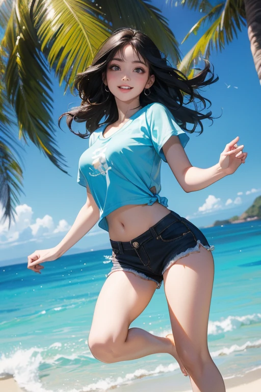 (Highest quality、masterpiece、High resolution、8K)、Vibrant colors、1 Female、Young and beautiful woman、Long black hair、barefoot、A woman in a white T-shirt and shorts jumps high、Surprised Smile、Official Art、The background is the sea、blue sky、Wide sandy beach、Wide forest、