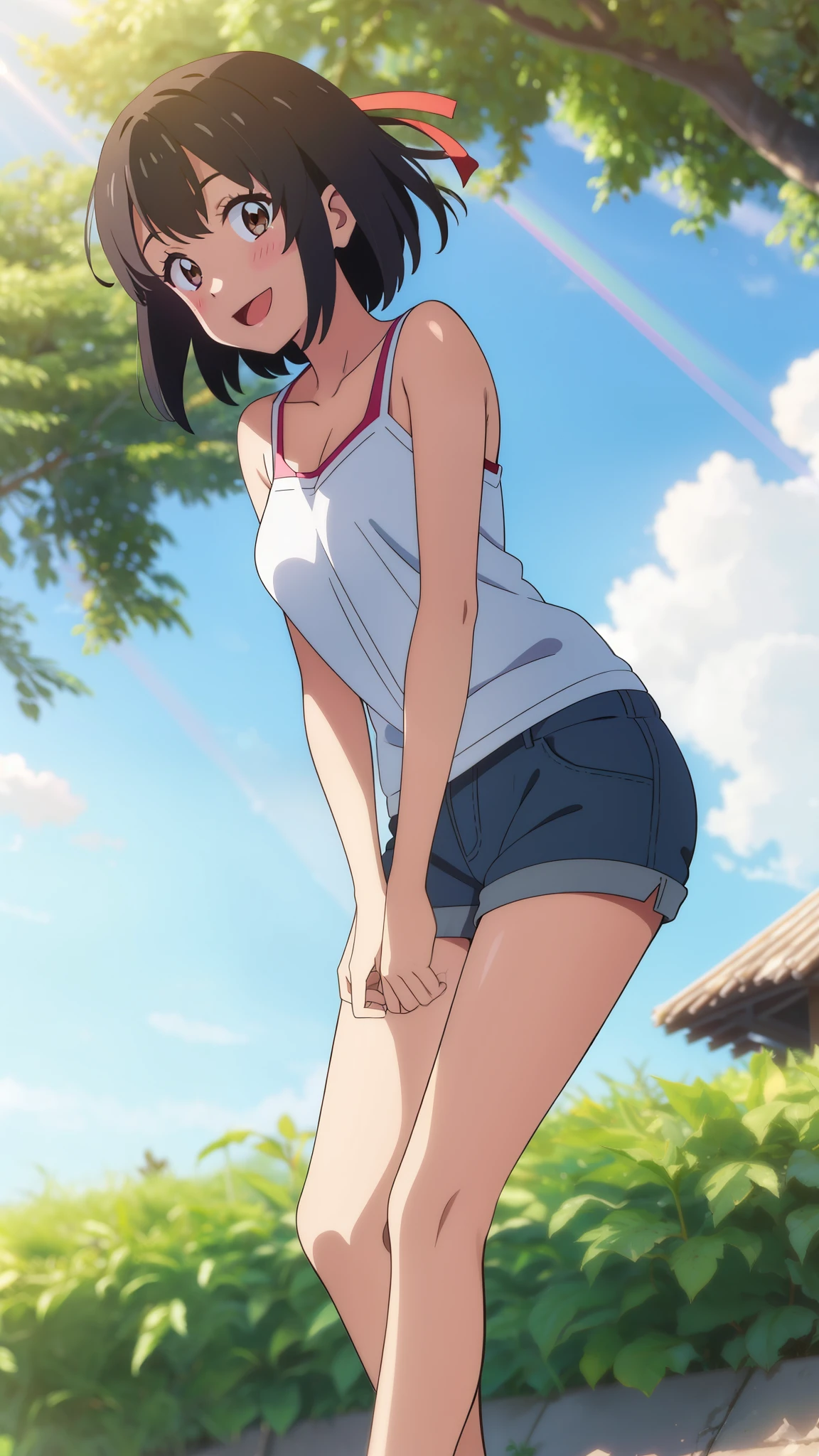 shinkai makoto, kimi no na wa., 1girl, bangs, black hair, blush, bright eyes, brown eyes, looking at the viewer, red headband, casual clothes, white shirt, black shorts, short hair, medium breasts, solo, summer day, outdoors, shinny skin, smile, happy, :D, blue_sky, sunlight, summer_season, wind, tree