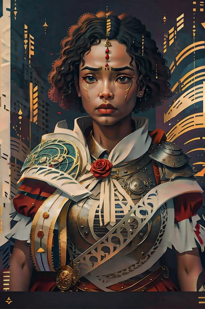 Short cropped hair 50-year-old woman in the 17 century Female battle scared warrior leader of the order of the scarlet rose, guilty conscious expression, determined facial expression. Black hair. Female.