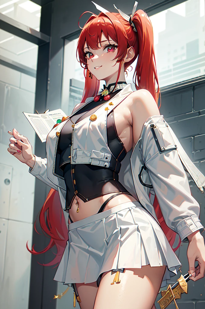 masterpiece, top quality, best quality, official art, beautiful and aesthetic:1.2), (8k, best quality, masterpiece:1.2), (((masterpiece))), (((best quality))), (((extremely detailed))), illustration, who, (masterpiece, top quality, best quality, official art, beautiful and aesthetic:1.2), (8k, best quality, masterpiece:1.2), absurdres, natural volumetric lighting and best shadows, deep depth of field, sharp focus, soft delicate beautiful attractive face, vandread, strawberry blonde Nadia with a choker, classroom, (((twintails))), looking at viewer, vandread drawing style, perfect hands, 1girl, nail polish, gyaru, solo, long hair, side ponytail, red eyes, looking at viewer, thighhighs, jewelry, standing, smiling, earrings, indoors, bracelet, makeup, navel piercing, garter belt, edgWhaleTail, wearing edgWhaleTail, visible thong straps, (((g-string))), white skirt, ((((((split skirt)))))), (((white jacket))), (((white vest))), ((((((marine jacket with medals)))))), bowtie, realistic, Dark skinned, Smirking, Stylish Gal,