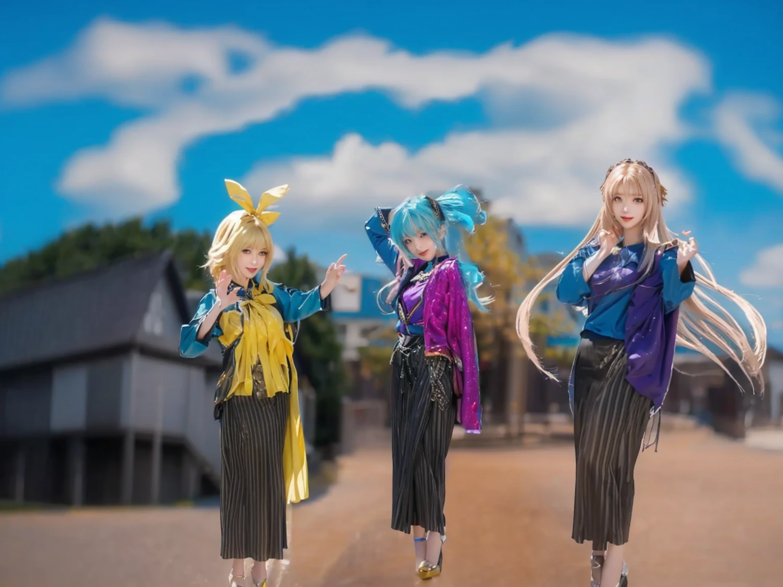 ((Masterpiece)), (best quality), (very detailed), ((very detailed)), 4k, (8k), three of a woman in a blue top and a woman in a purple top, anime styled 3d, vocaloid, anime in fantasy style, anime style mixed with fujifilm, anime style. 8k, girls frontline style, realistic styled, happy!!!, realistic anime 3 d style, dressed with long fluent clothes, anime style, dressed with fluent clothes