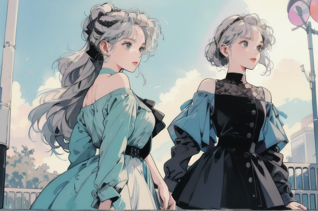 whole body、Beauty、1 female、4k、Off-the-shoulder clothing、pedestrian crossing、Signal 、intersection、Complex background、Detailed Hair、looks fun、Transparent gray hair、Hair tied up、Faint lighting、Rainbow in the sky