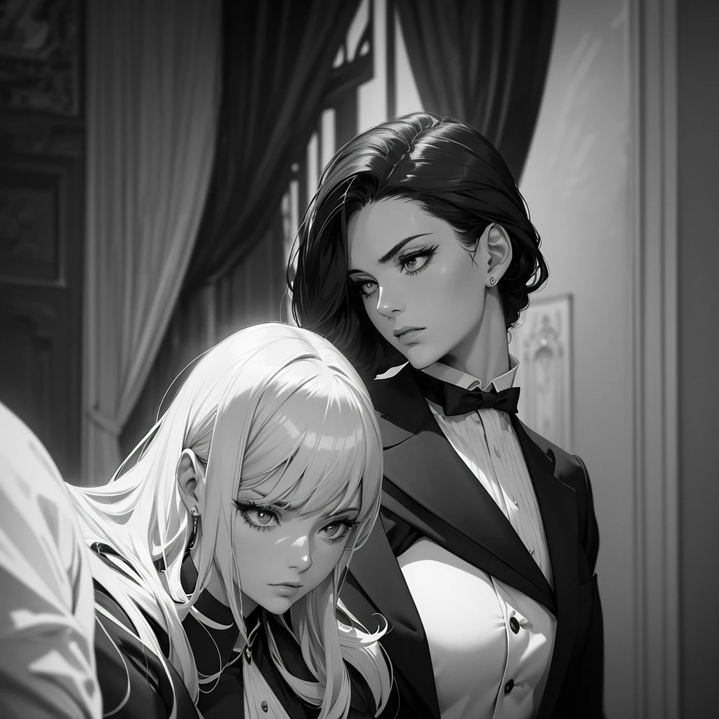A man and woman in formal black and white attire, elegant, aristocratic, high fashion, dramatic pose, chiaroscuro lighting, dramatic, cinematic, timeless, classy, sophisticated, (best quality,4k,8k,highres,masterpiece:1.2),ultra-detailed,(realistic,photorealistic,photo-realistic:1.37),cinematic lighting,dramatic shadows,high contrast,dramatic composition