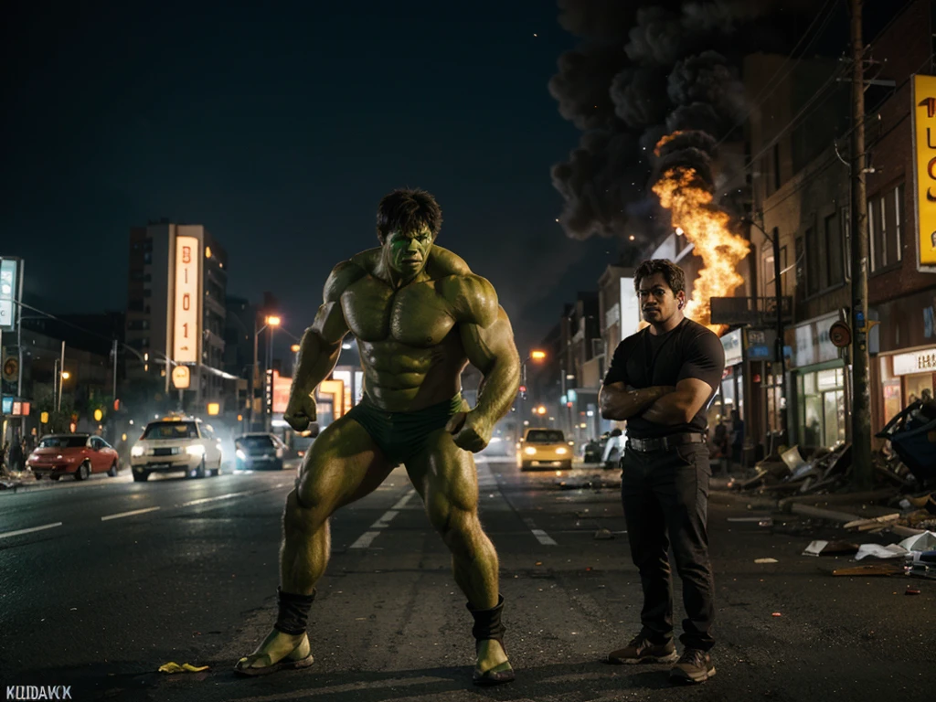 movie character the incredible hulk, showing skill, High quality image, very bright, in the middle of a destroyed and burning street, Pose 3/4, color style identical to kodak kodachrome, simulate the 1000 iso value of kodak kodachrome film, environment is from another planet, style the photo as if it were taken with an anamorphic lens, 