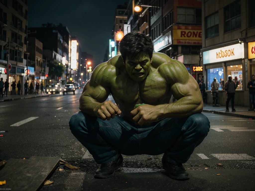movie character the incredible hulk, showing skill, High quality image, very bright, in the middle of a destroyed and burning street, Pose 3/4, color style identical to kodak kodachrome, simulate the 1000 iso value of kodak kodachrome film, environment is from another planet, style the photo as if it were taken with an anamorphic lens,
