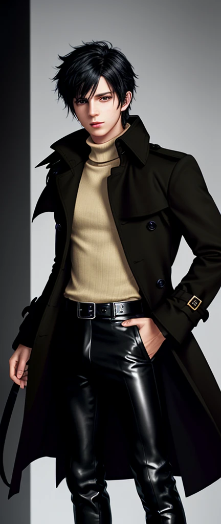 Final fantasy taste and reality graphics, Japanese young cute and cool ikemen boy, his age is early 20s, thin eyebrows and beady eyes, he wearing orange beige color double brest very thick trench coat, with a black color neck fur.,neck fur is black color, must black neck fur,
Must tighten your belt og coat, with epaulet, must close the front of the trench coat,, must trench coat cloth the front, also wearing black very thick turtleneck lackluster shirts, tight black leather pants, shiny black leather tight and must put on a thin leather glove both hands, black leather knee-high raceup boots,must views head-to-toe,must views whole body, boy looks like fashion model,Do not show skin from the neck down,leather jacket leather glove and leather pants have few wrinkles,boy in the room,,Avoid showing your innerwear,must close coats waist belt.