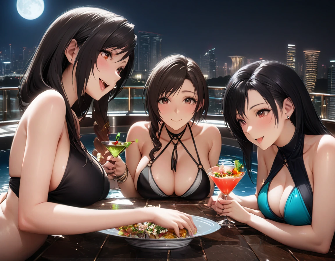 Highest quality, Super quality, 16K, Incredibly absurd, Very detailed, delicate and dynamic, SFW, Natural light, Small particles reflect light, Diffuse reflection of light, Vortex of Light, Lots of starlight, fire works, roof top pool of Marina Bay Sands Singapore, night, moon, 水面にmoonが映る, night景, Create amazing image effects, pool side bar, pool party, Sumptuous cuisine, Upper body close-up, (, cute sexy three girls, Aerith Gainsborough, Yuffie Kisaragi, and Tifa Lockhart, big busts, Sensual expression, peacefulness, Elegant, Charm, lure, Pool party with my girlfriend, , pool side bar, cactail, シンガポールのnight景, black long hair, Chic swimwear, cheers , )