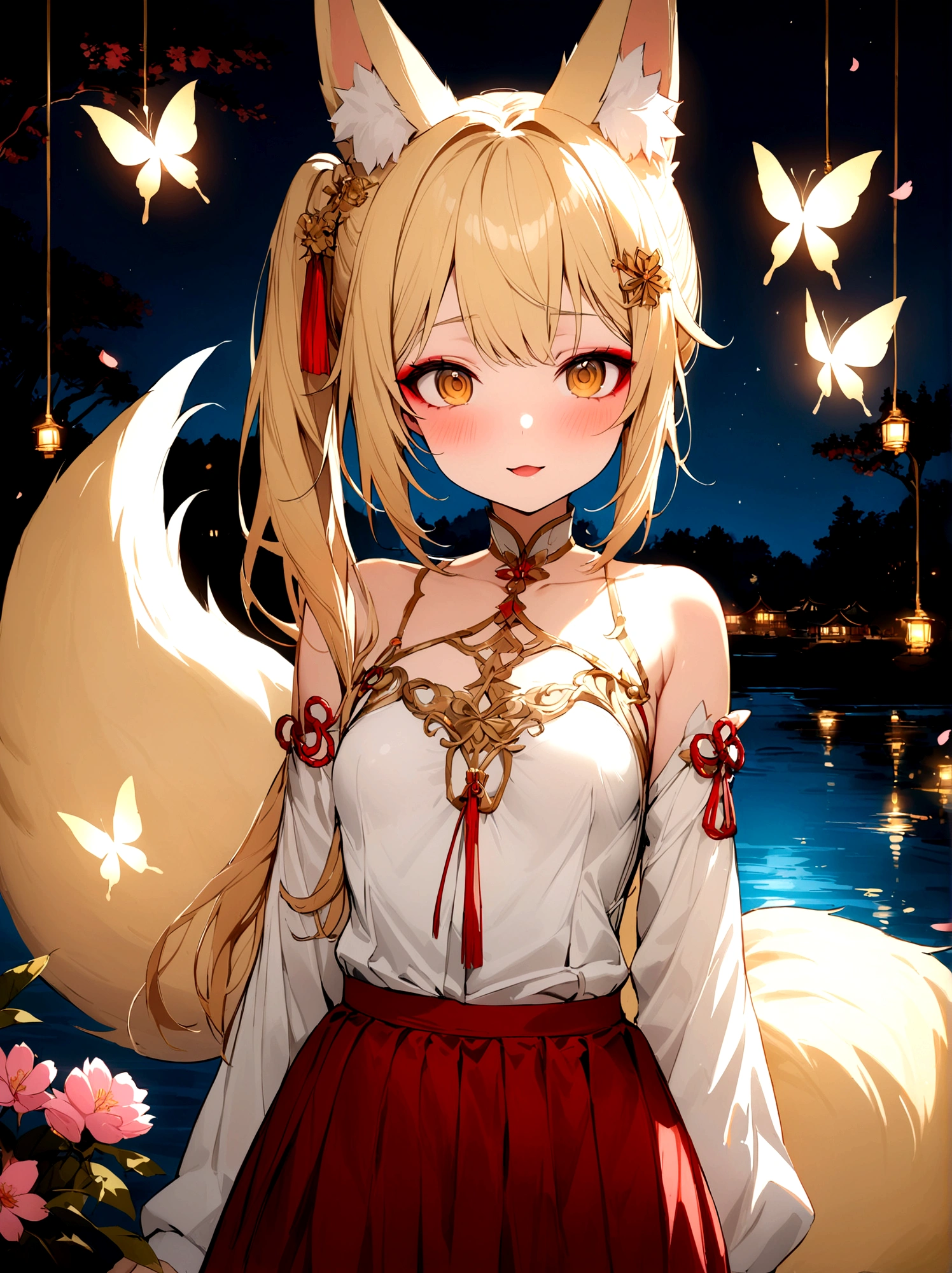 (masterpiece, best quality) junior,detailed, (beautiful,small breasts), blonde,long hair, side ponytail(tied to the left),Hairpin decoration with gold butterfly, elegant, (fox ears),nine tailed fox tail, red eyeshadow, golden eyes, femur,white shirt,free,red skirt,cherry blossom tree lake background,lake illuminated by moonlight,girl,NIGHT,Yandere expression,BLOOD